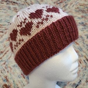 Handmade knit ribbed cuff beanie heart hat in blush and burgundy Kids size M - L